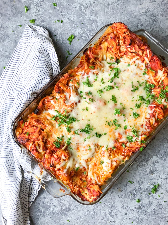 This recipe for buffalo chicken lasagna was published in 2010 and it still continues to be one of my favorite lasagna recipes. It's layers of buffalo chicken sauce, cheese, and noodles and then the top gets covered in pepper jack cheese. 