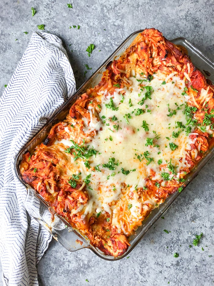 This recipe for buffalo chicken lasagna was published in 2010 and it still continues to be one of my favorite lasagna recipes. It's layers of buffalo chicken sauce, cheese, and noodles and then the top gets covered in pepper jack cheese.