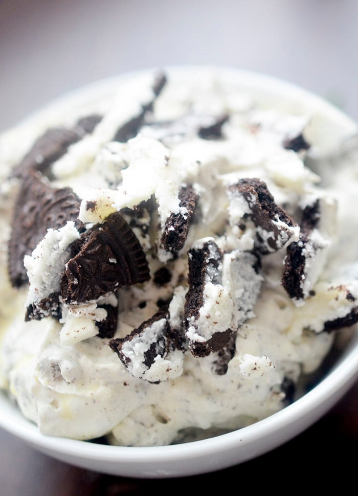Oreo Fluff dip finished result in white bowl 