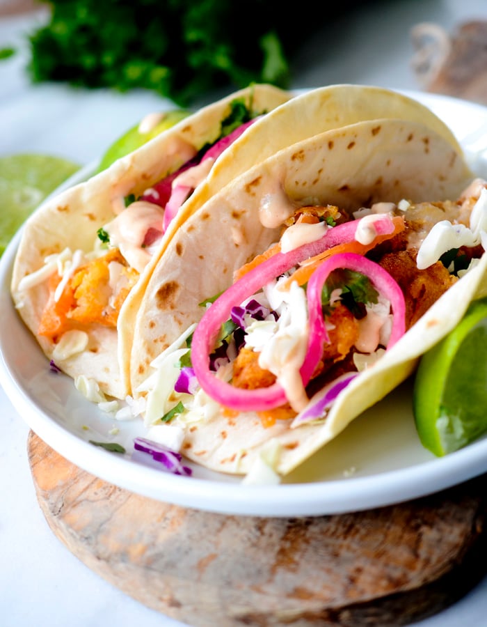 Baja Fish Tacos with Pickeled Onions and Cabbage