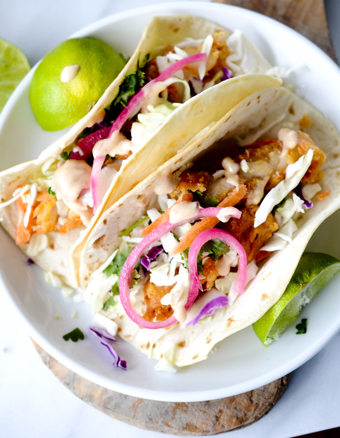 Baja Fish Tacos with Pickeled Onions and Cabbage