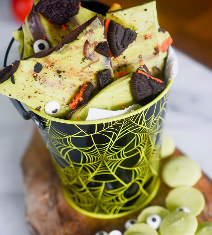 Halloween Monster Bark - melted chocolates topped with candy, sour gummys, and crushed oreos!