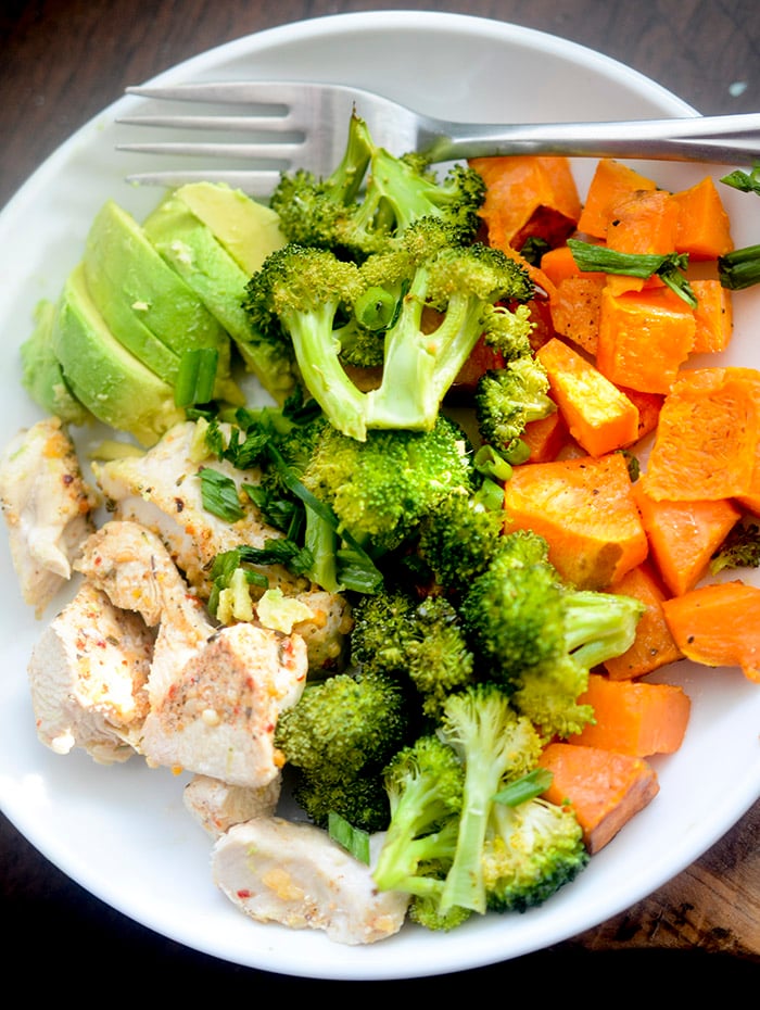 Baked chicken, broccoli, and sweet potatoes make for a delicious and nutritious meal option.