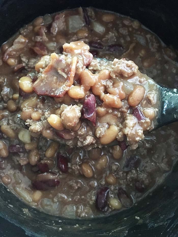Finished calico bean recipe in a slow cooker.