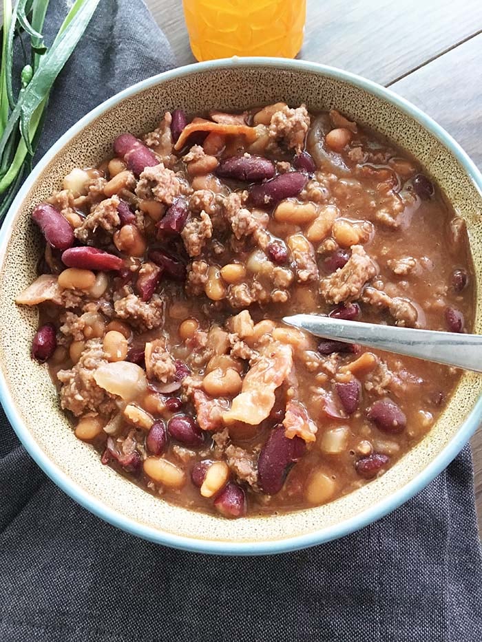 Finished calico bean recipe in a bowl.