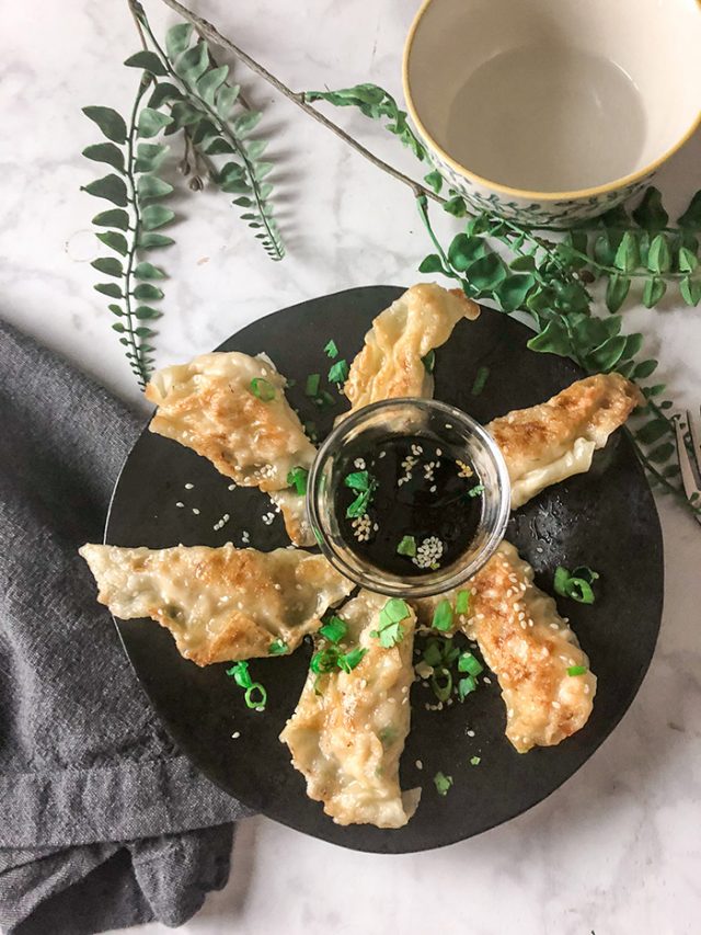 Turkey Potstickers garnished with green onions on a black plate