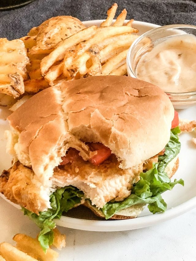 Chik Fil A Sandwich sitting on a white plate with some waffle fries.