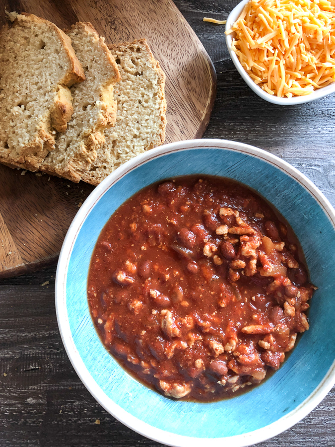 Turkey Chili Zero Points  with beer bread and cheese. 