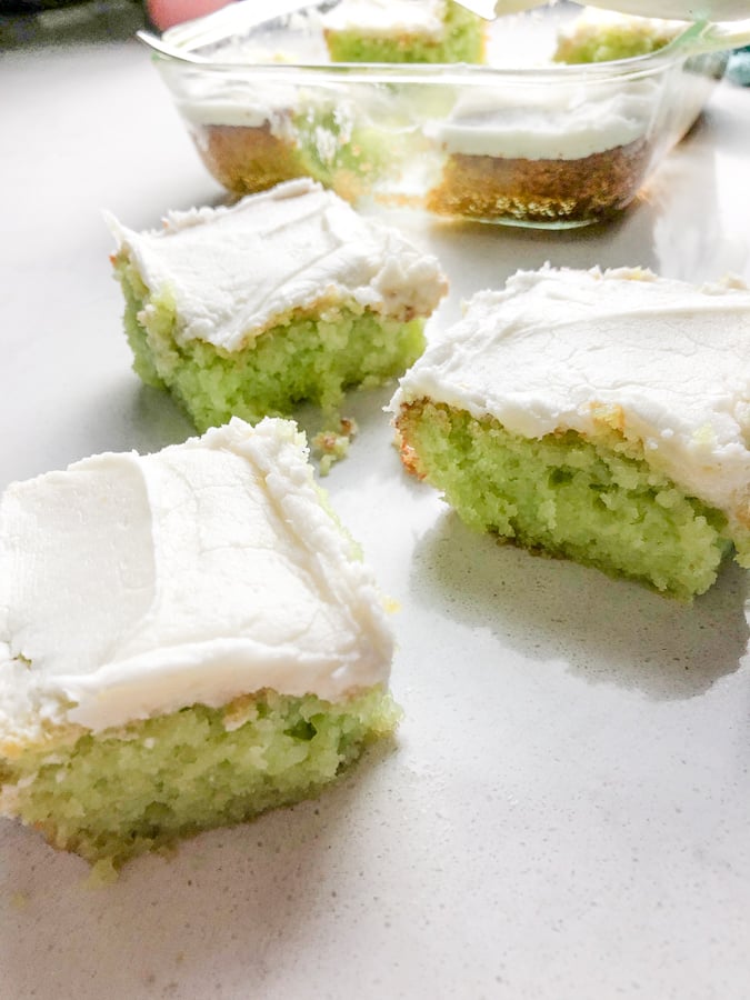 Key Lime Cake topped with cream cheese frosting.