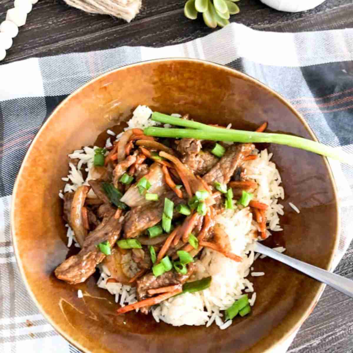 Blackstone Stir Fry in a brown bowl.