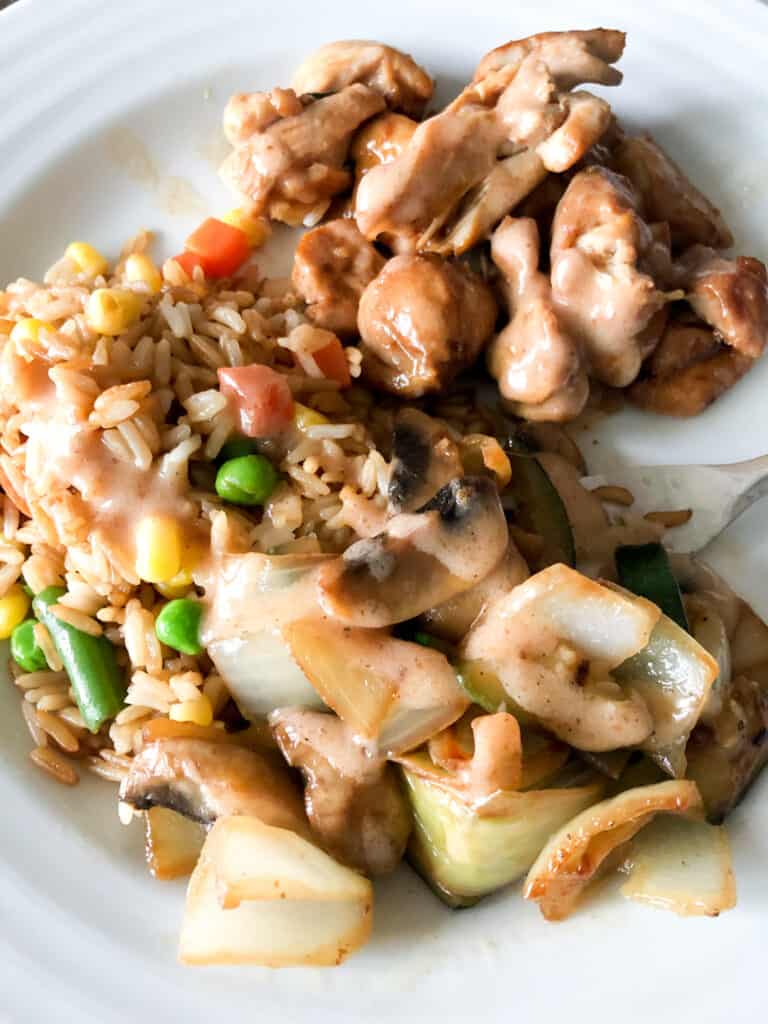 Hibachi style meals are so easy to make at home and you can easily sub the chicken out for whatever type of protein you like. The 3 main types of vegetables are onions, zucchini, and mushrooms.