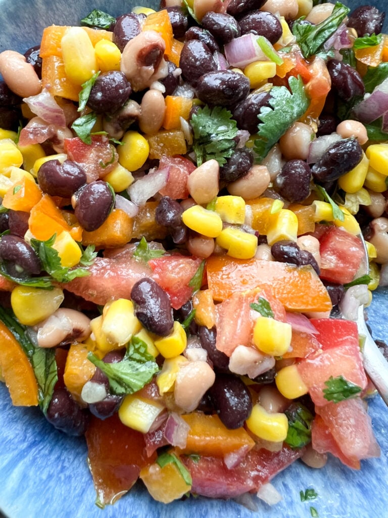 Cowboy Caviar in a blue bowl. 