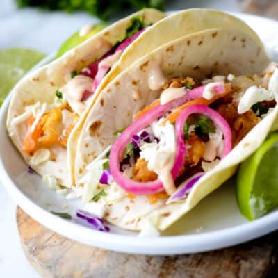 Air Fryer Baja Fish Tacos with Pickled Onions