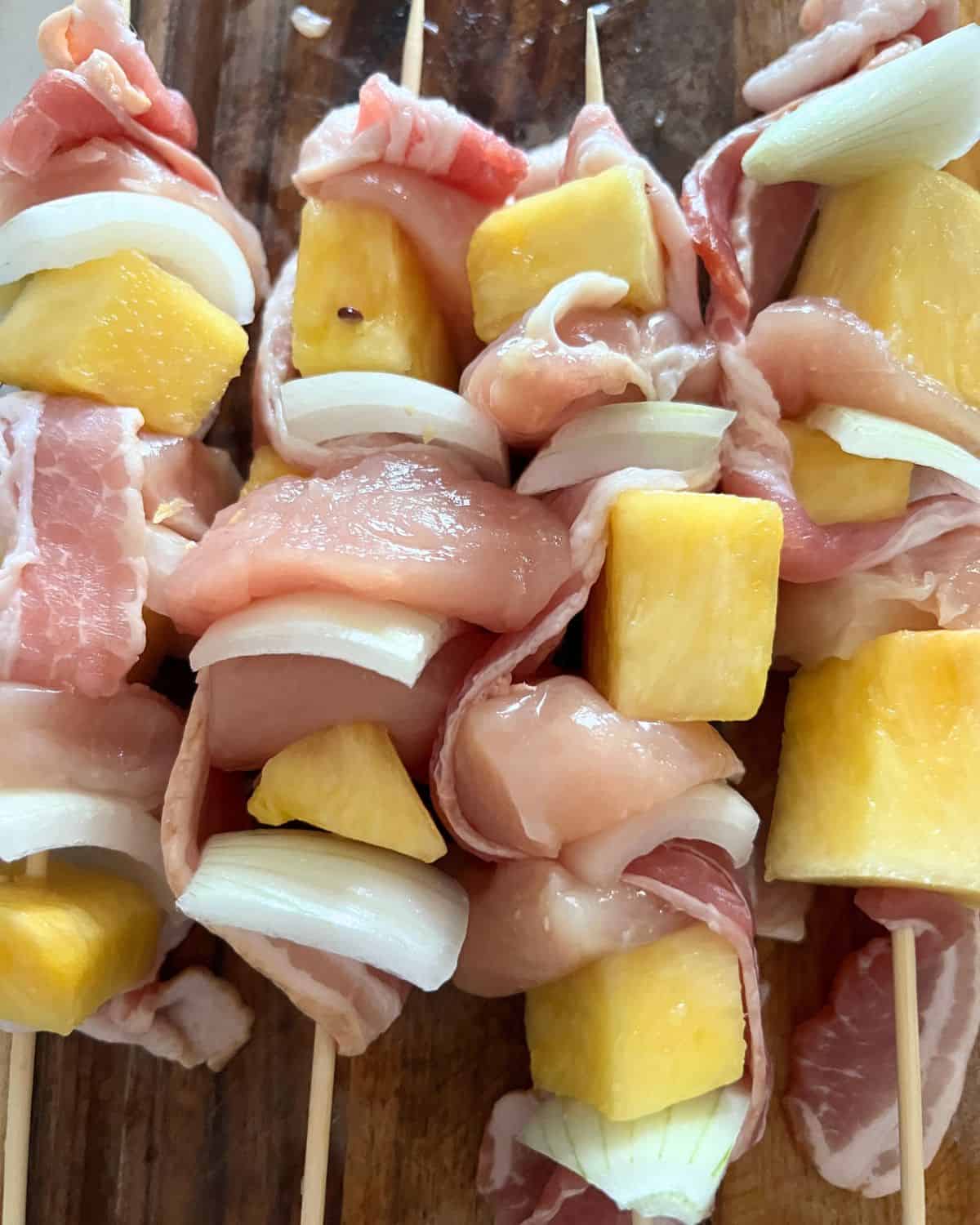 Chicken and bacon skewers ready for the grill. 