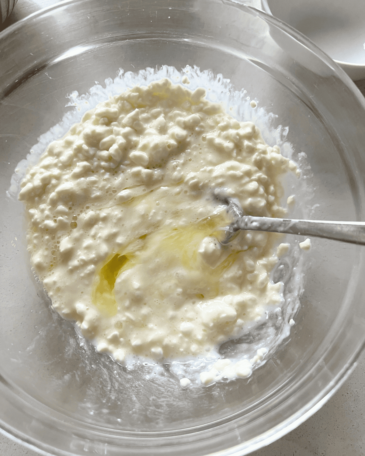 cottage cheese and egg white mixture in a bowl 