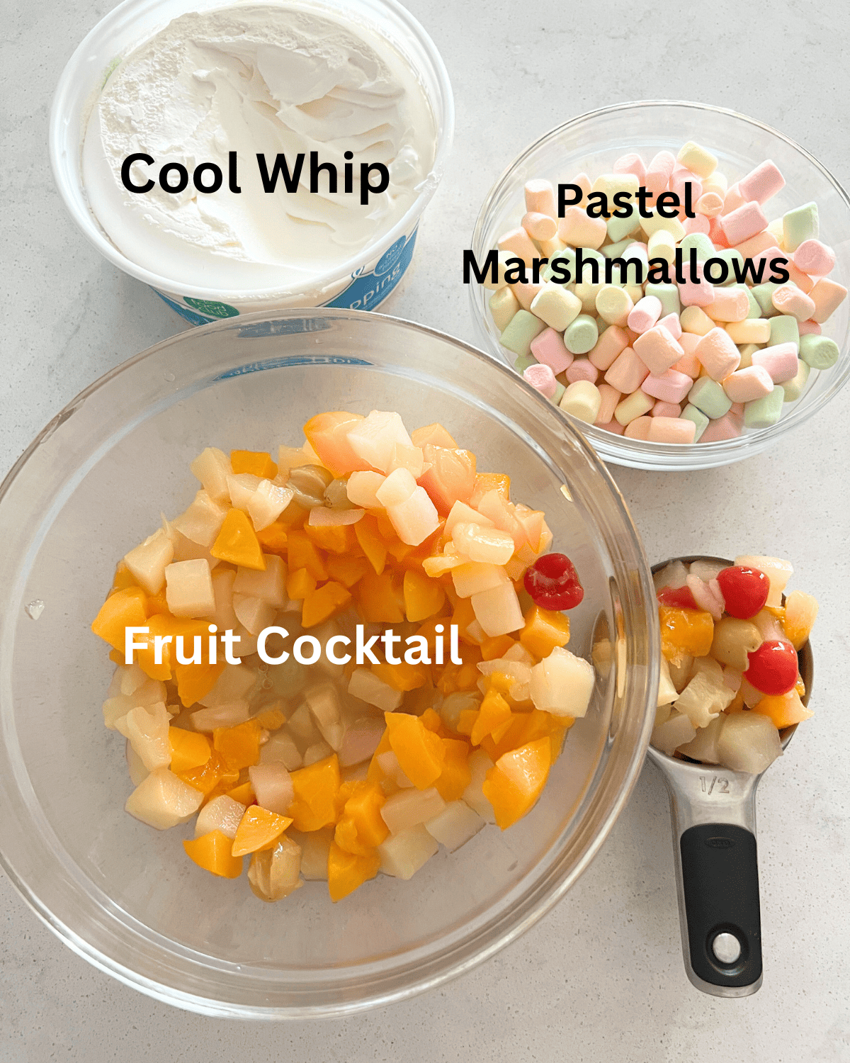 Ingredients needed for fruit cocktail salad. 