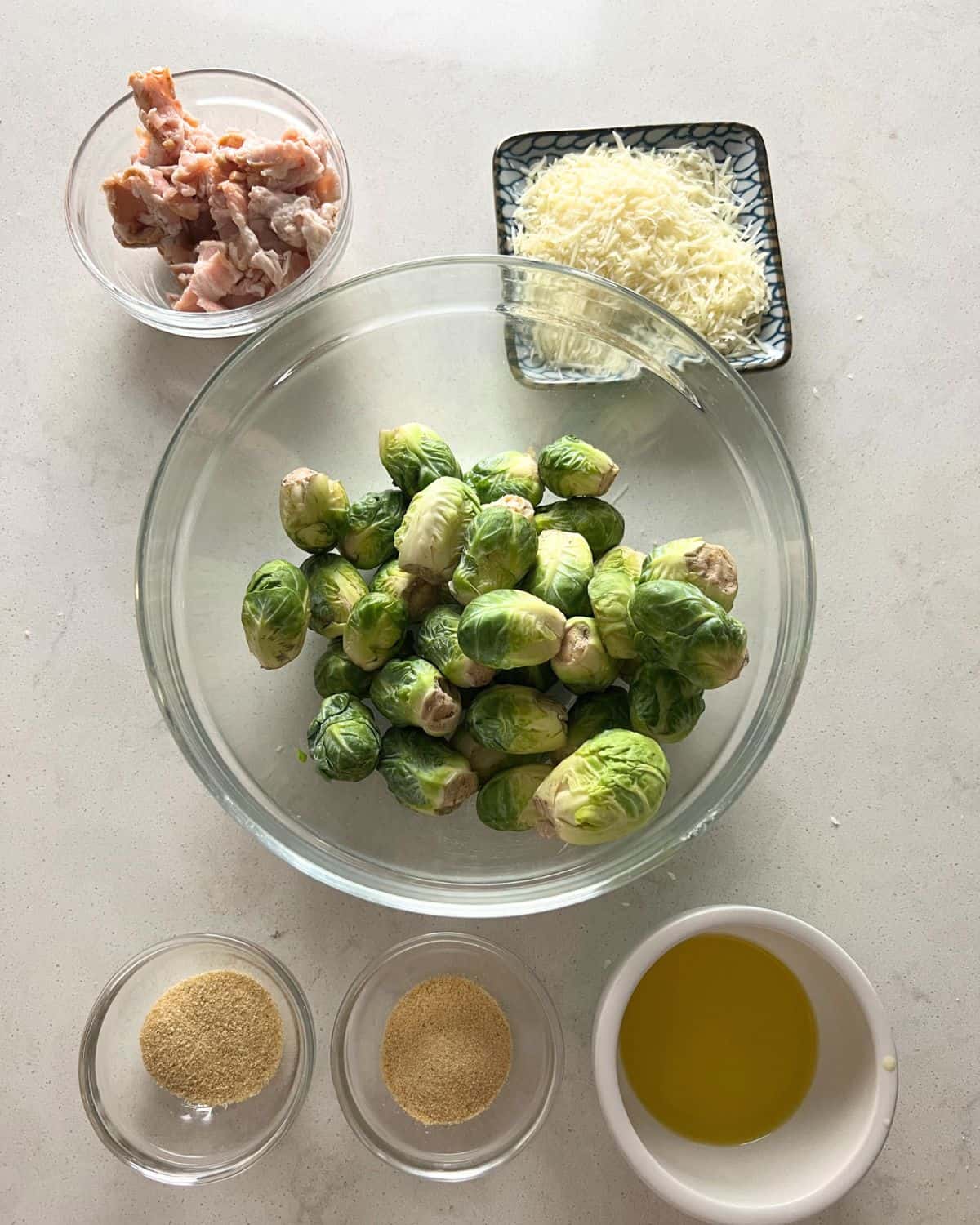Ingredients needed for Brussel Sprouts with Bacon. 