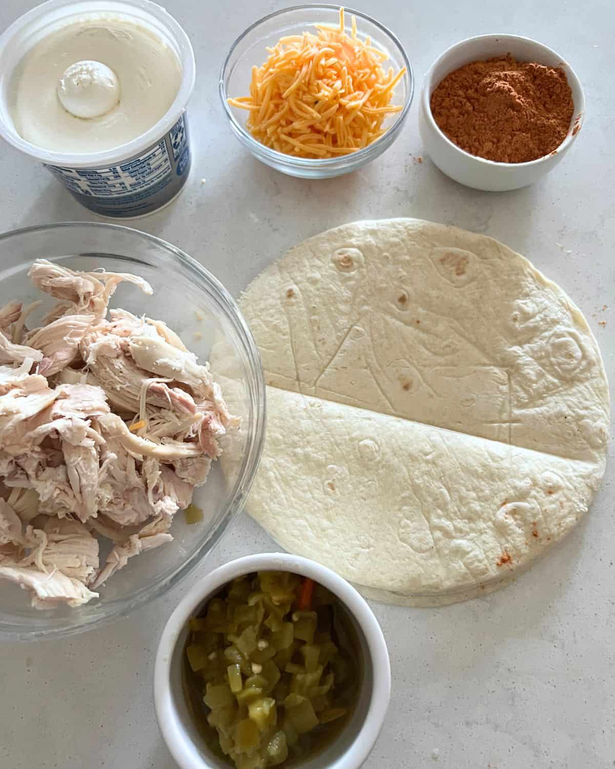 Ingredients Needed for air fryer chicken chimichangas. 