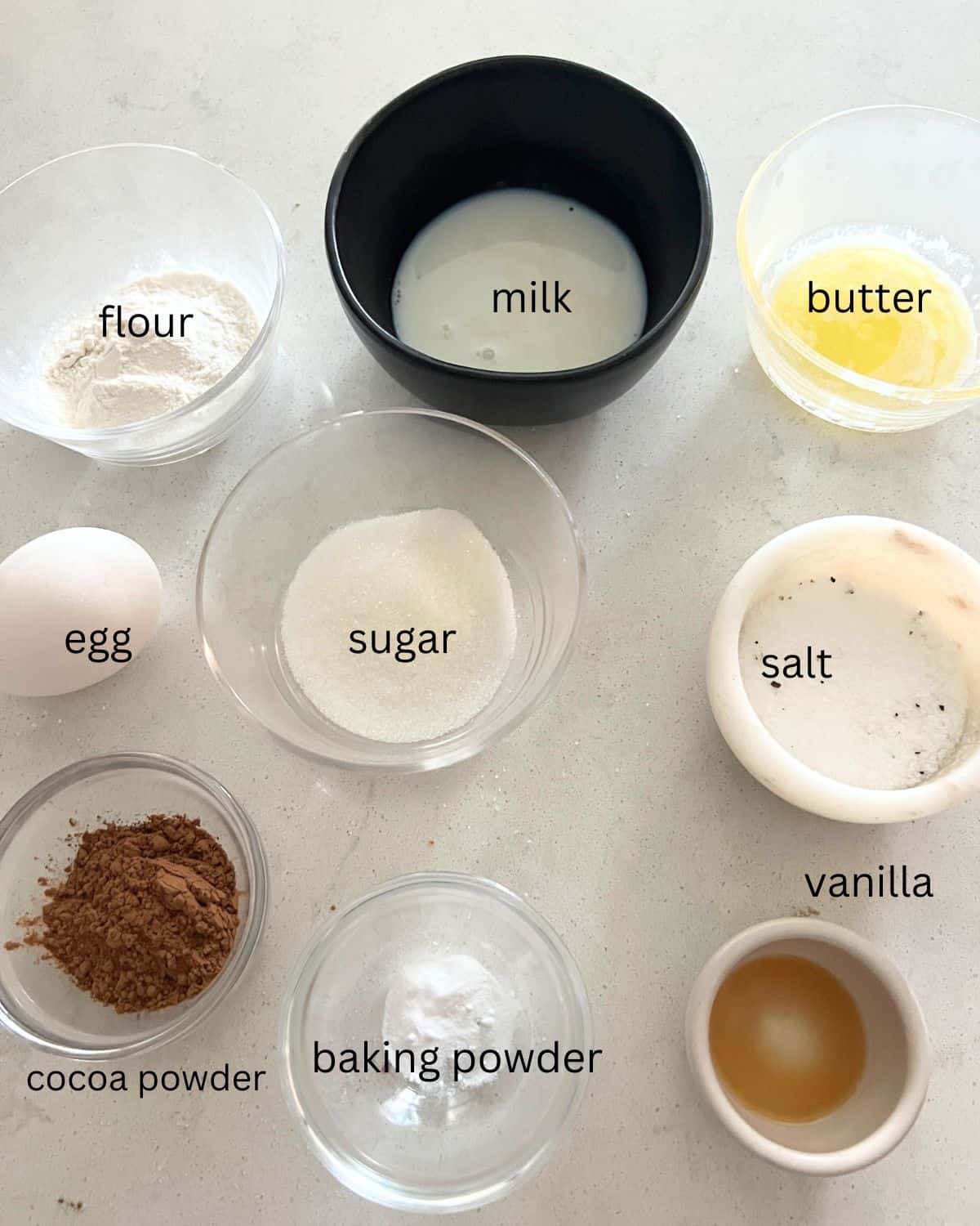 Ingredients needed for air fryer chocolate cake.