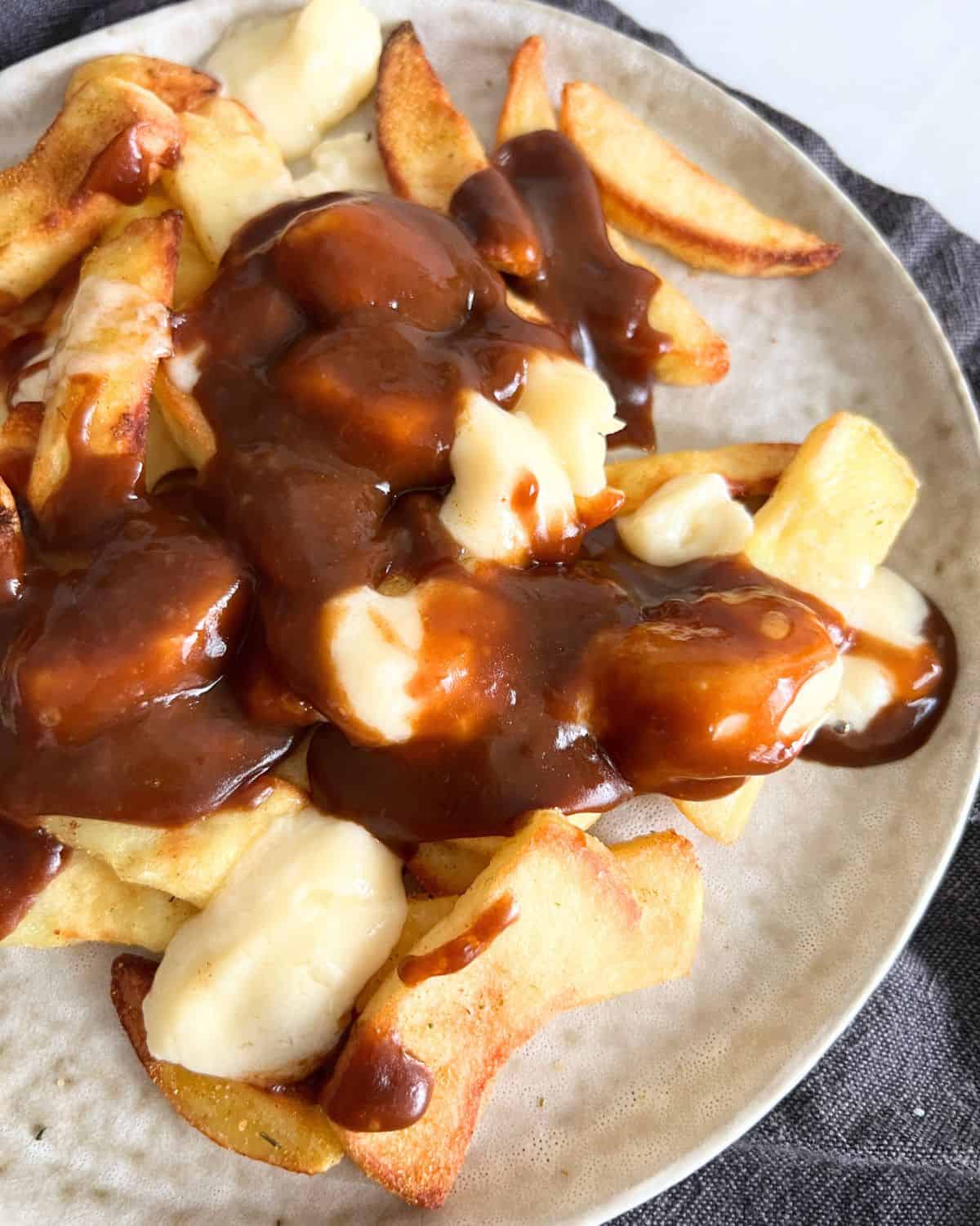 Gravy and cheese curds on top of air fryer french fries. 