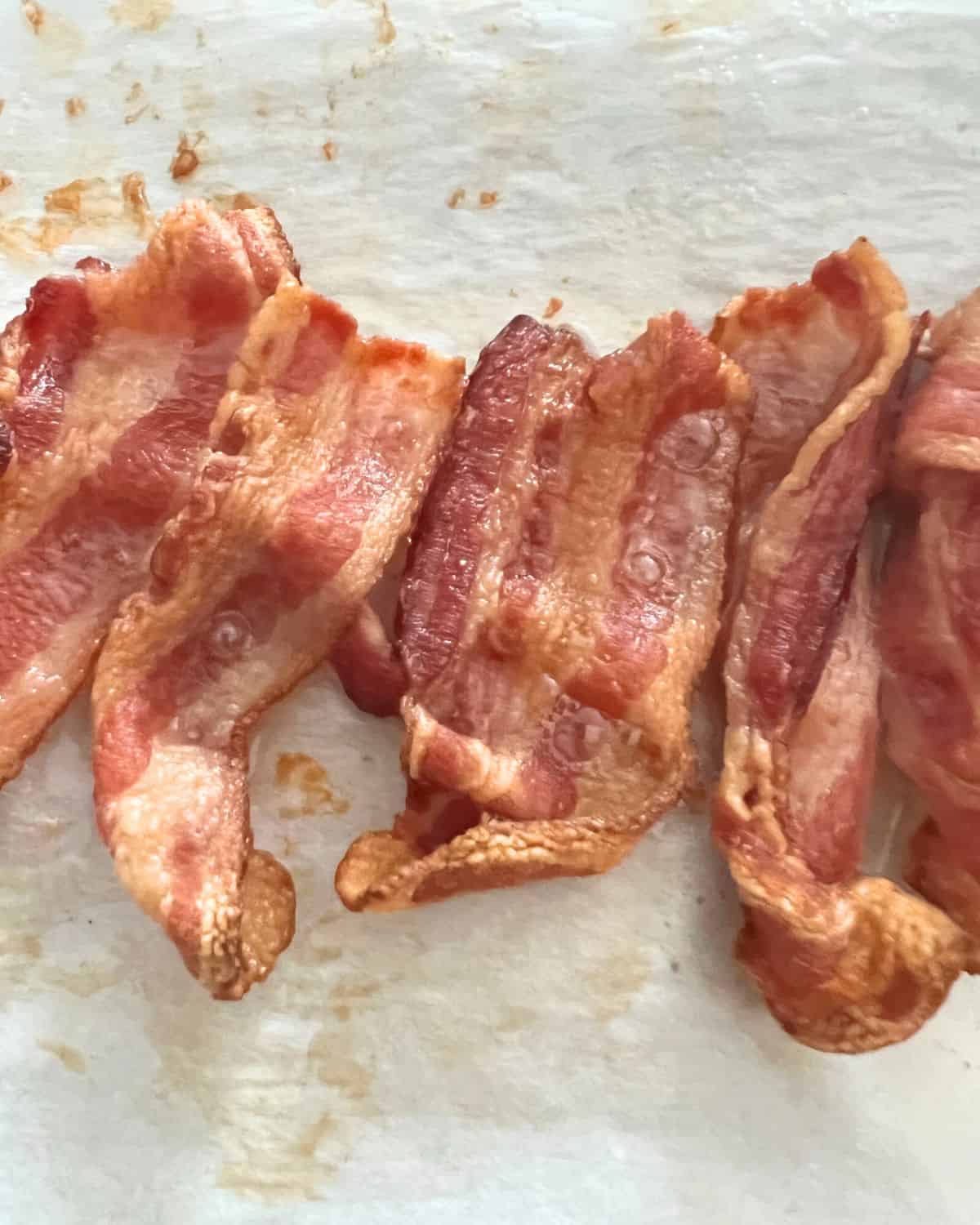 Crispy air fried bacon ready for sandwiches or pizza toppings. 