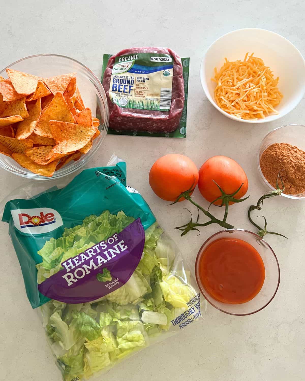 Ingredients needed for Dorito Taco Salad. 
