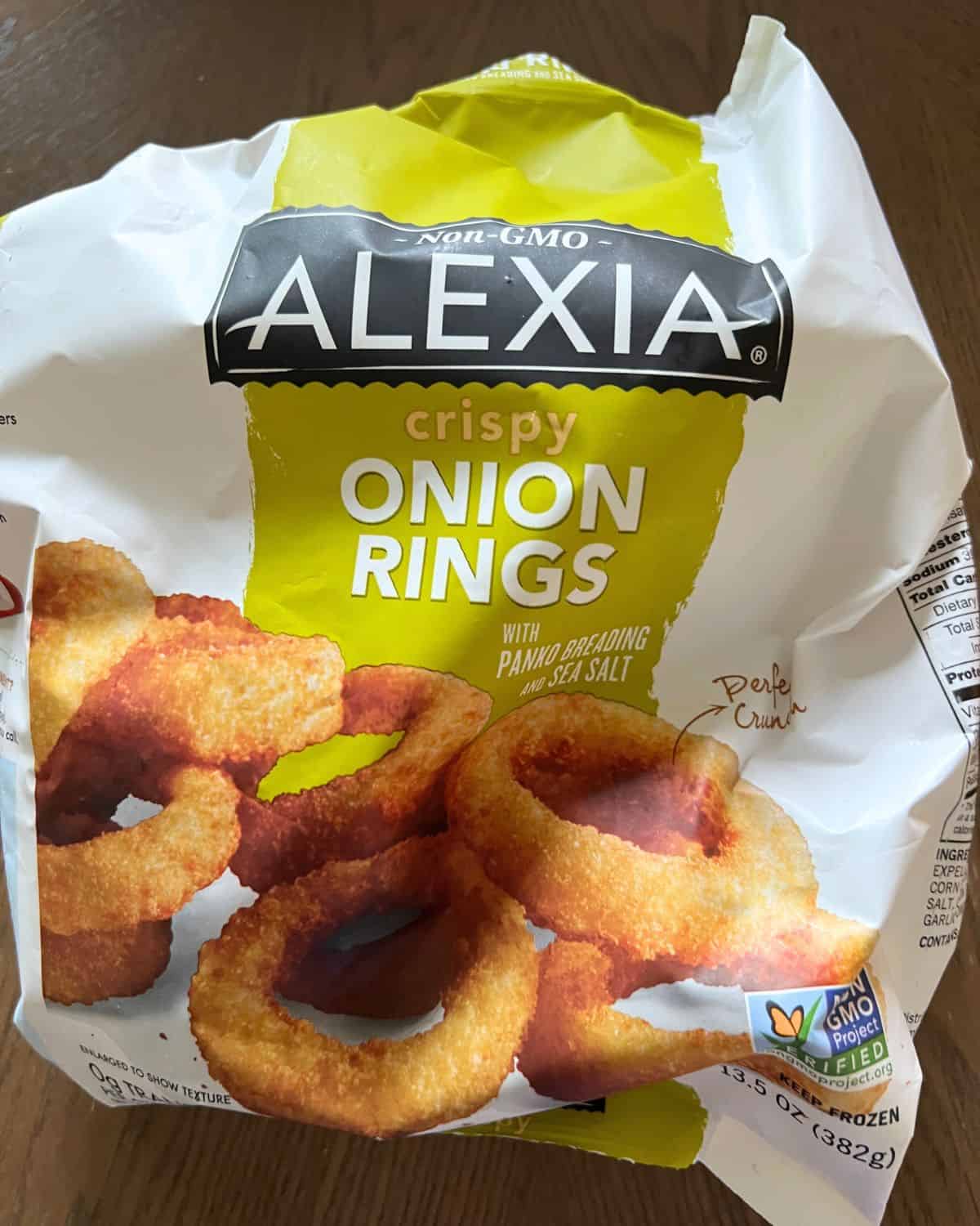Bag of Alexa Onion Rings ready for air fryer. 