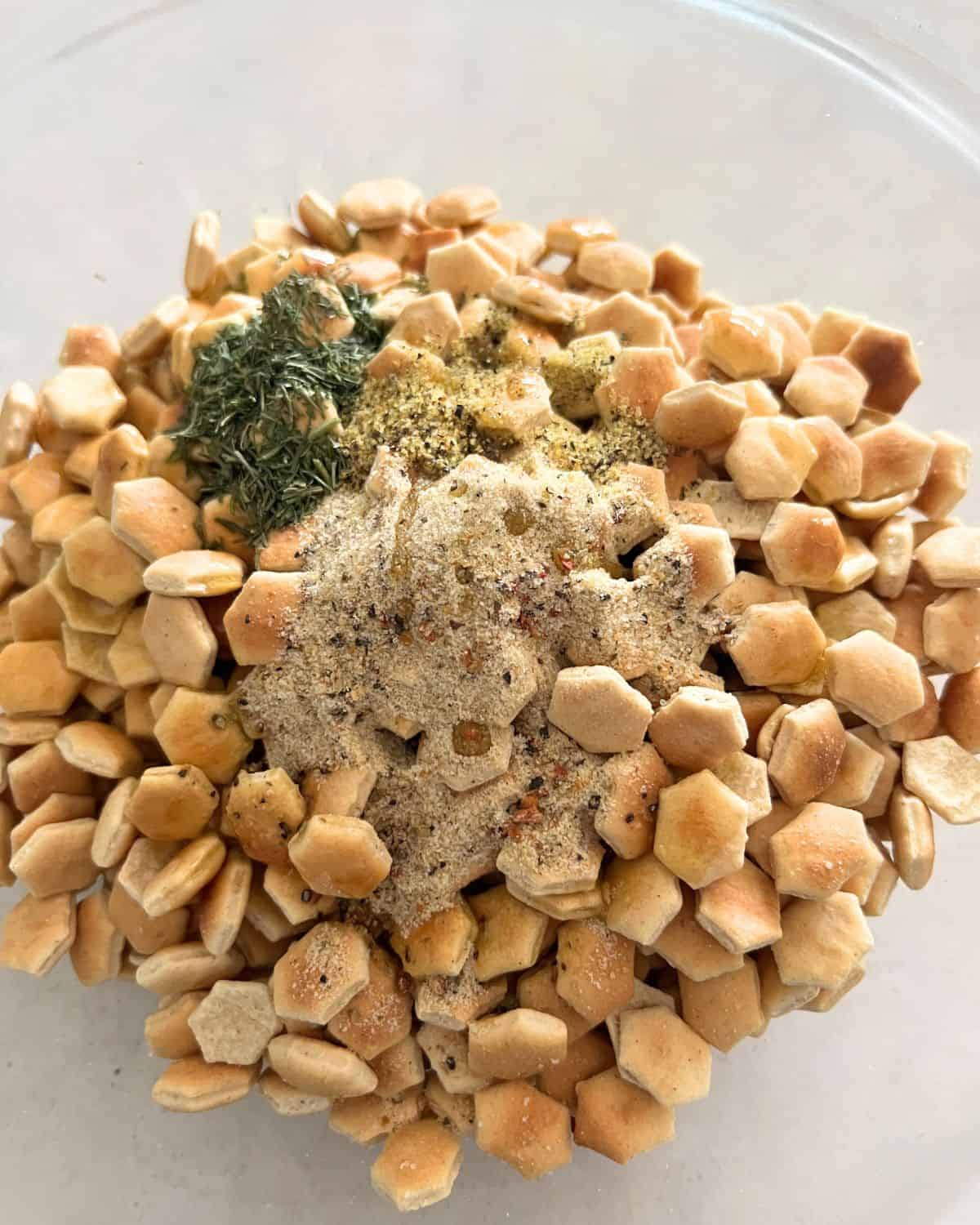 Oyster cracker ingredients in a large bowl. 