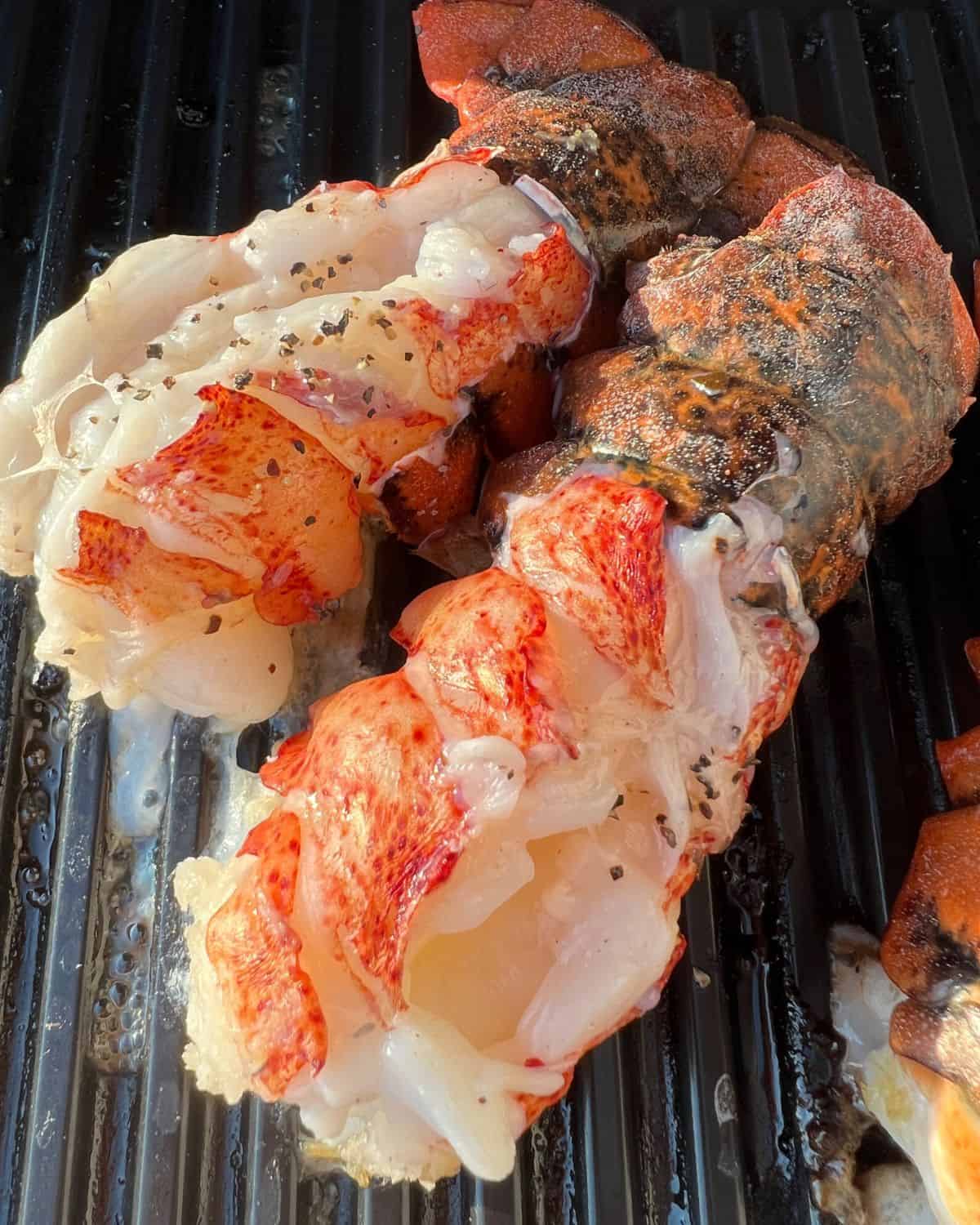 Seasoned Smoked Lobster Tails on a smoker. 