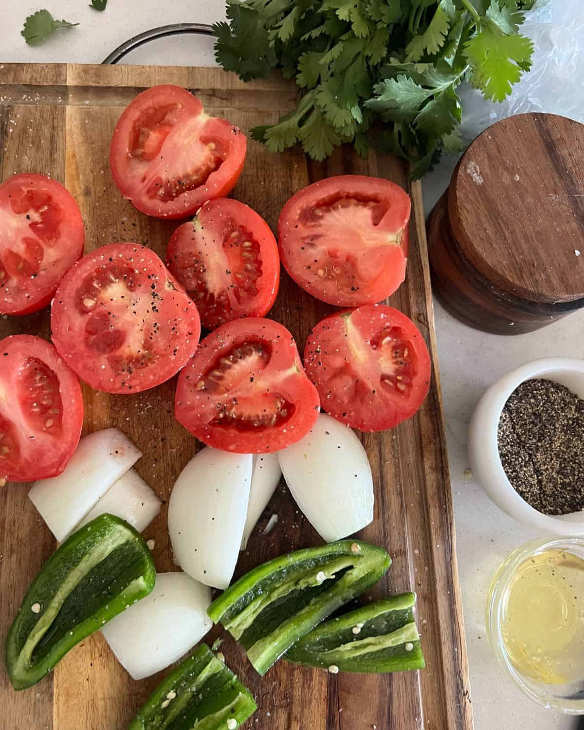 Chopped up vegetables for smoked salsa. 