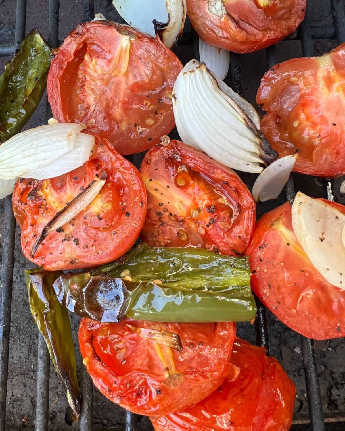 Smoked tomatoes, peppers, and onions ready for homemade salsa.