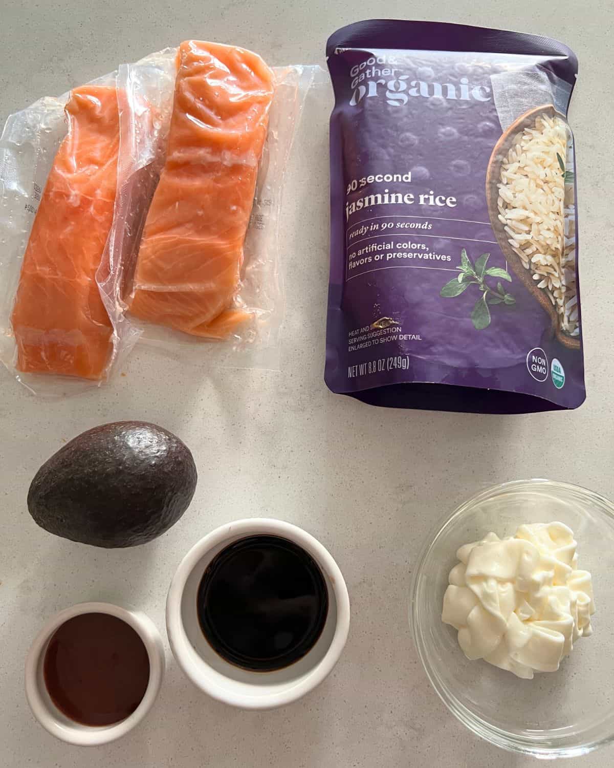 Ingredients needed for Salmon Rice Bowl. 