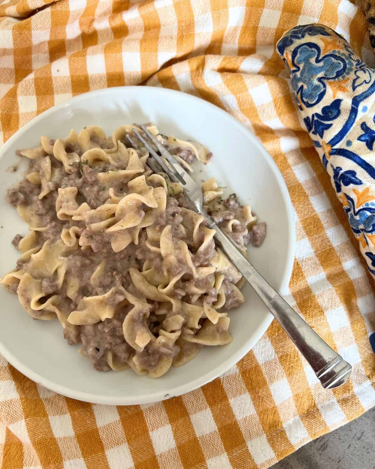 Beef stroganoff on a white plate with a fork. 