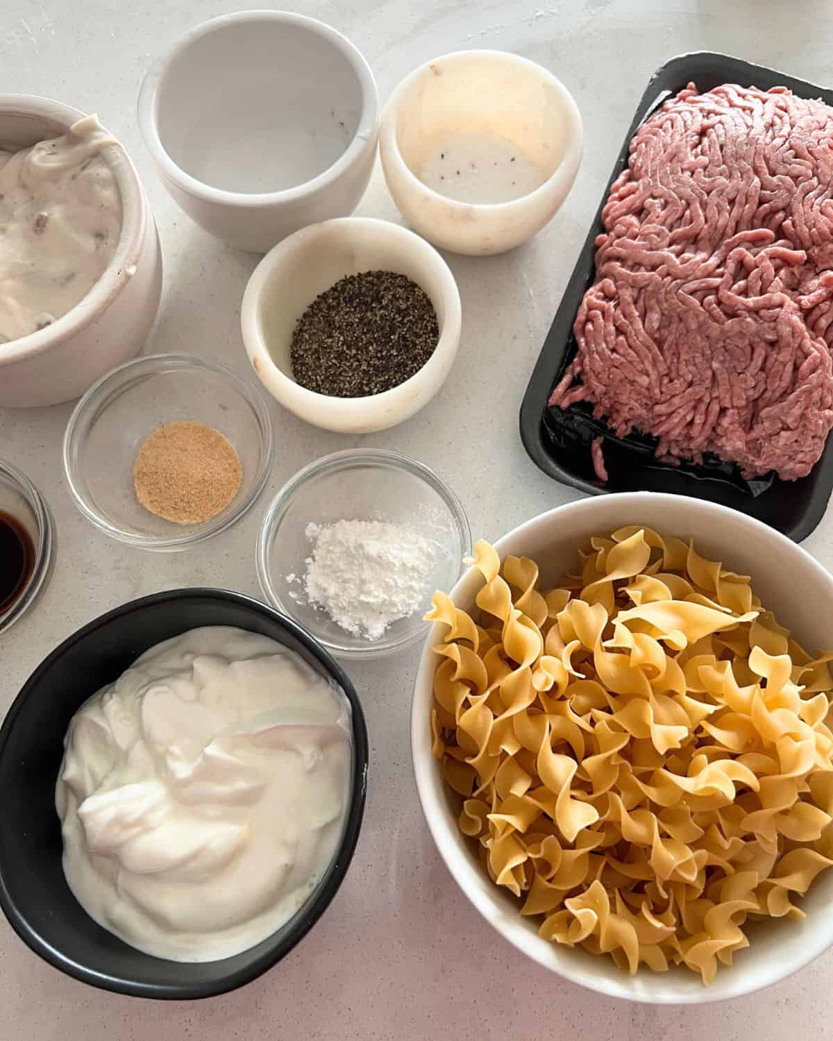 Ingredients needed for beef stroganoff. 