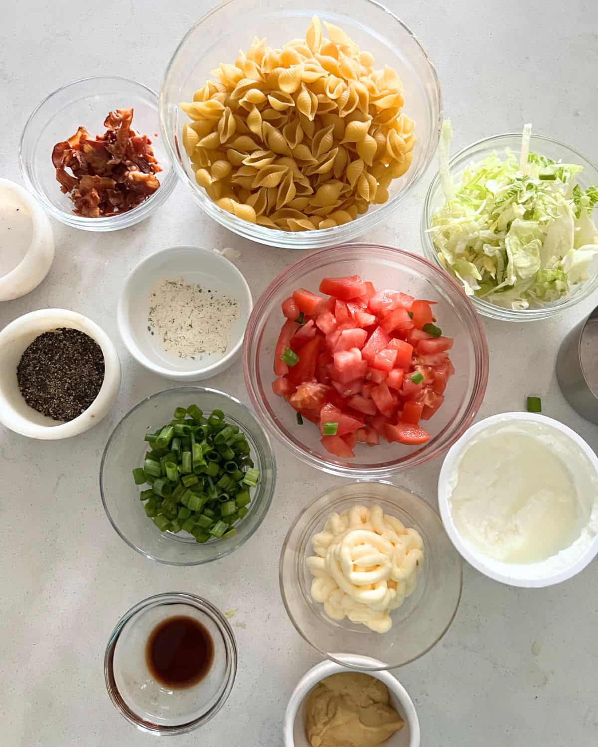 Ingredients needed for BLT pasta salad. 