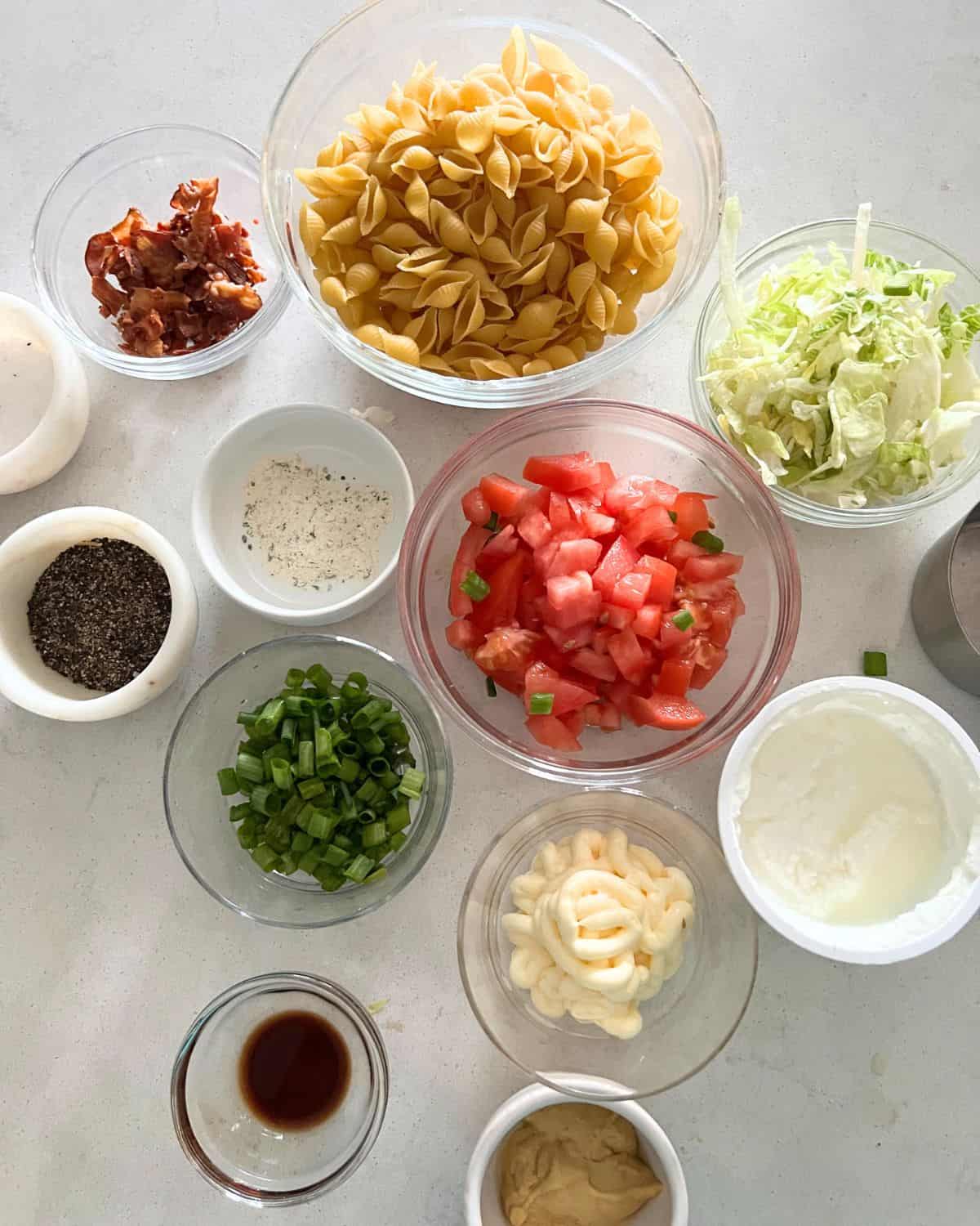 Ingredients needed for BLT pasta salad.