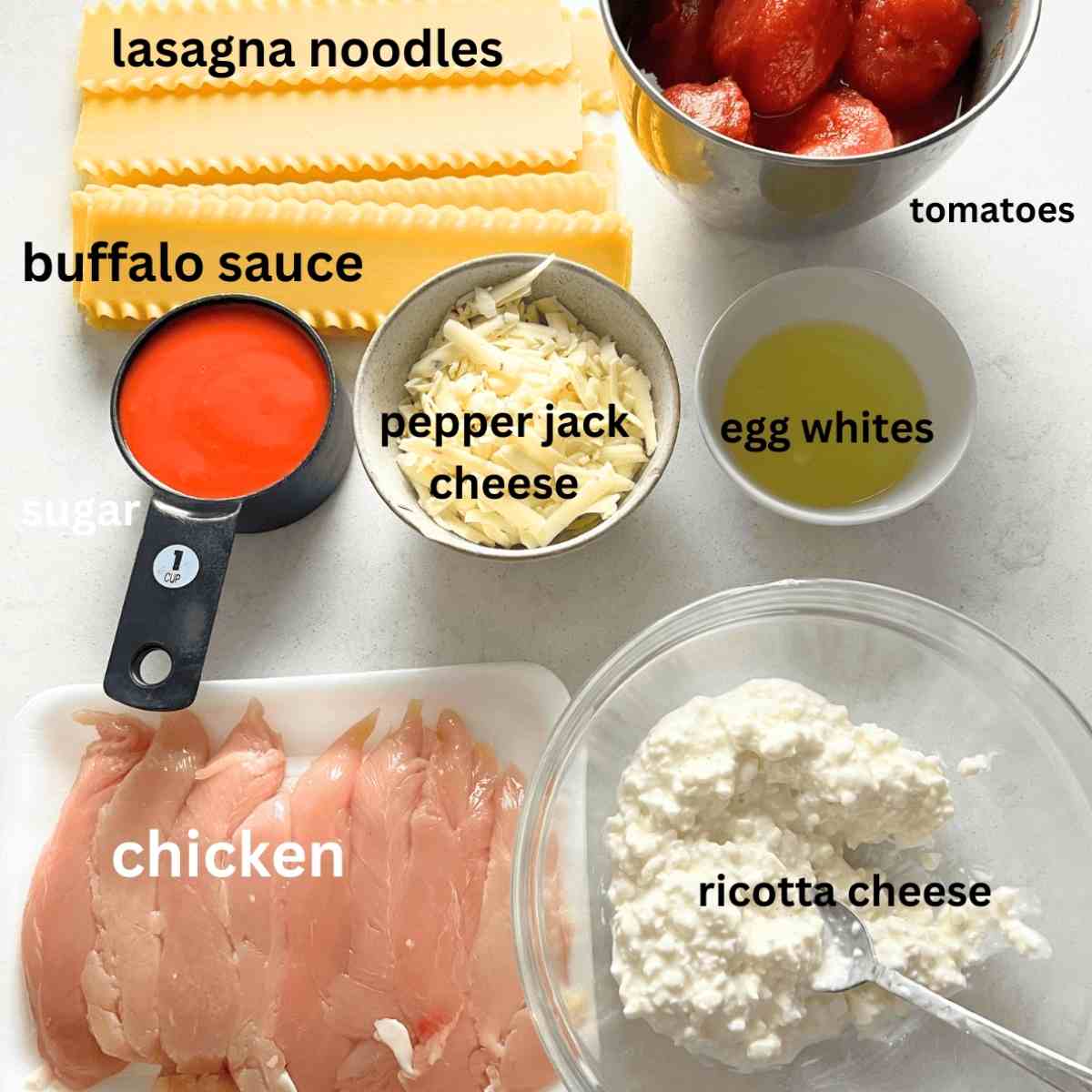 Ingredients needed for buffalo chicken lasagna. 