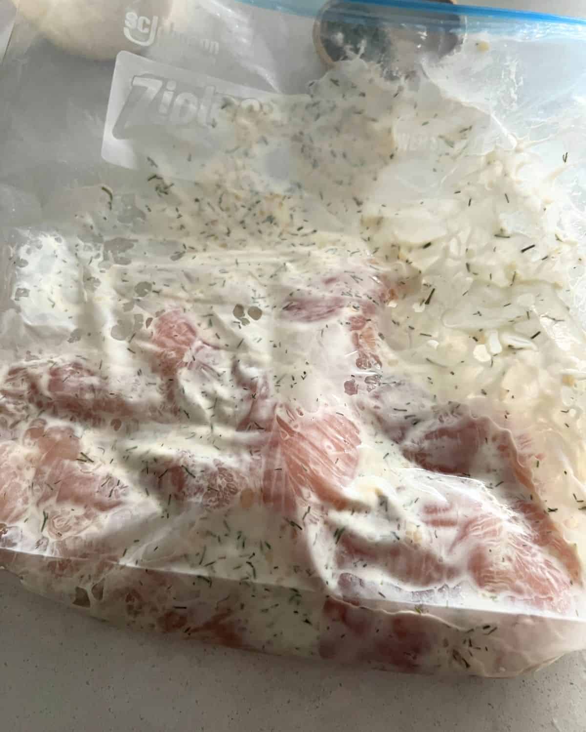 Chicken marinade in a freezer ziplock bag. 