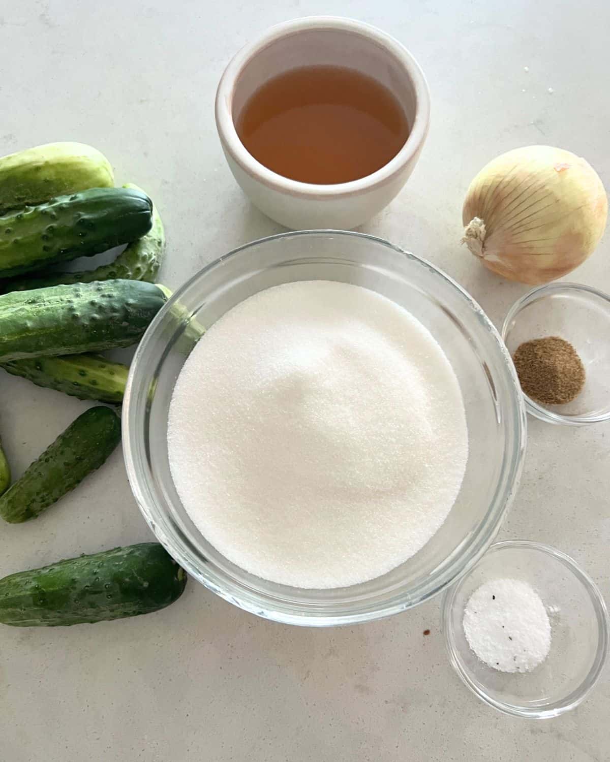 Ingredients needed for homemade refrigerator pickles. 