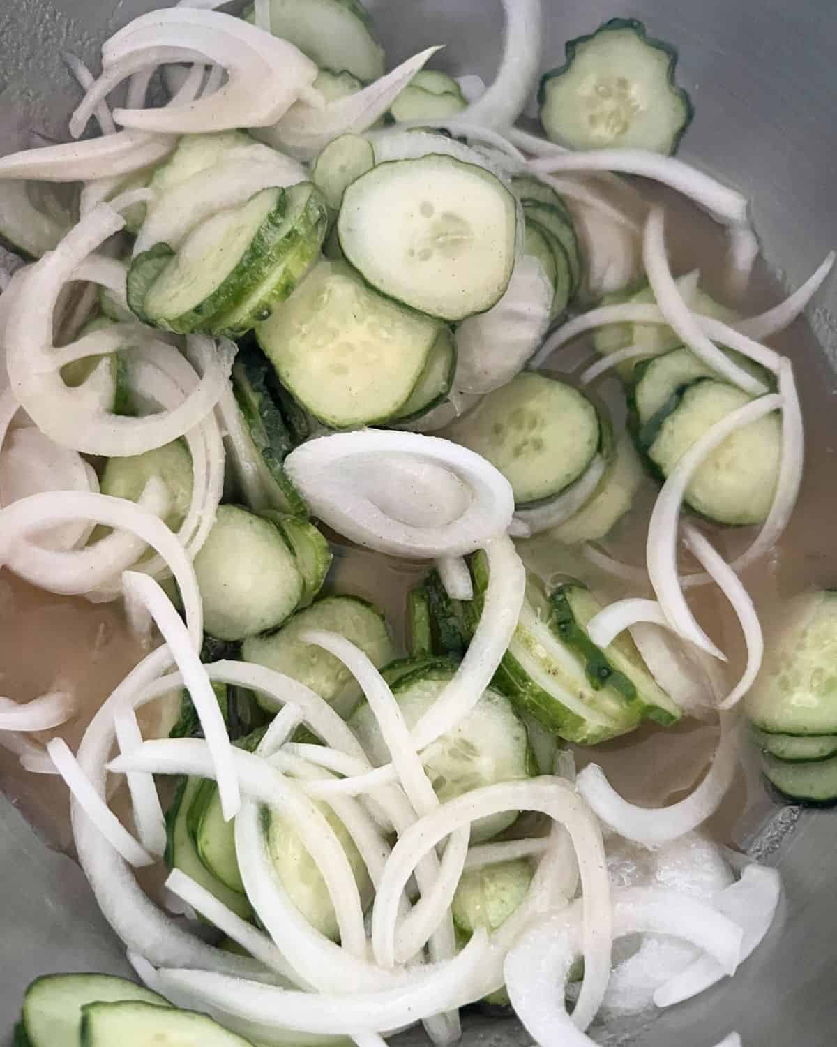 Thinly sliced cucumbers and onions. 