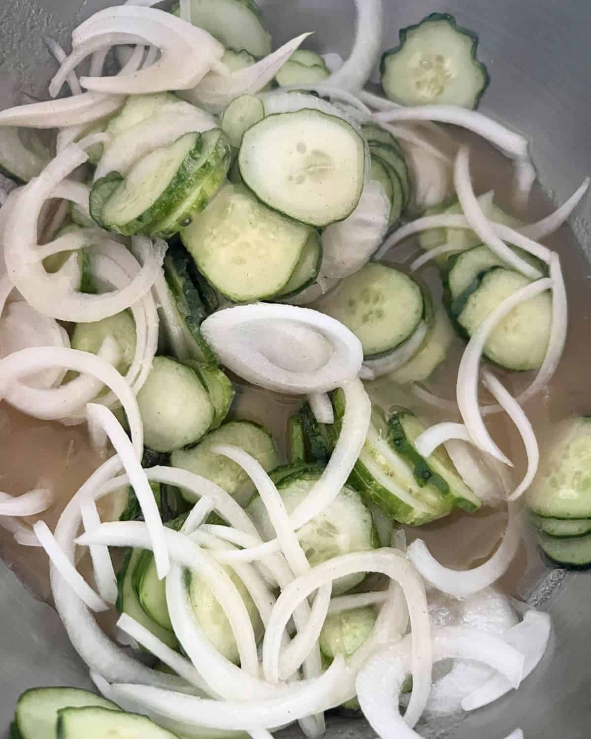 Thinly sliced cucumbers and onions mixed with vinegar, sugar, and seasonings. 
