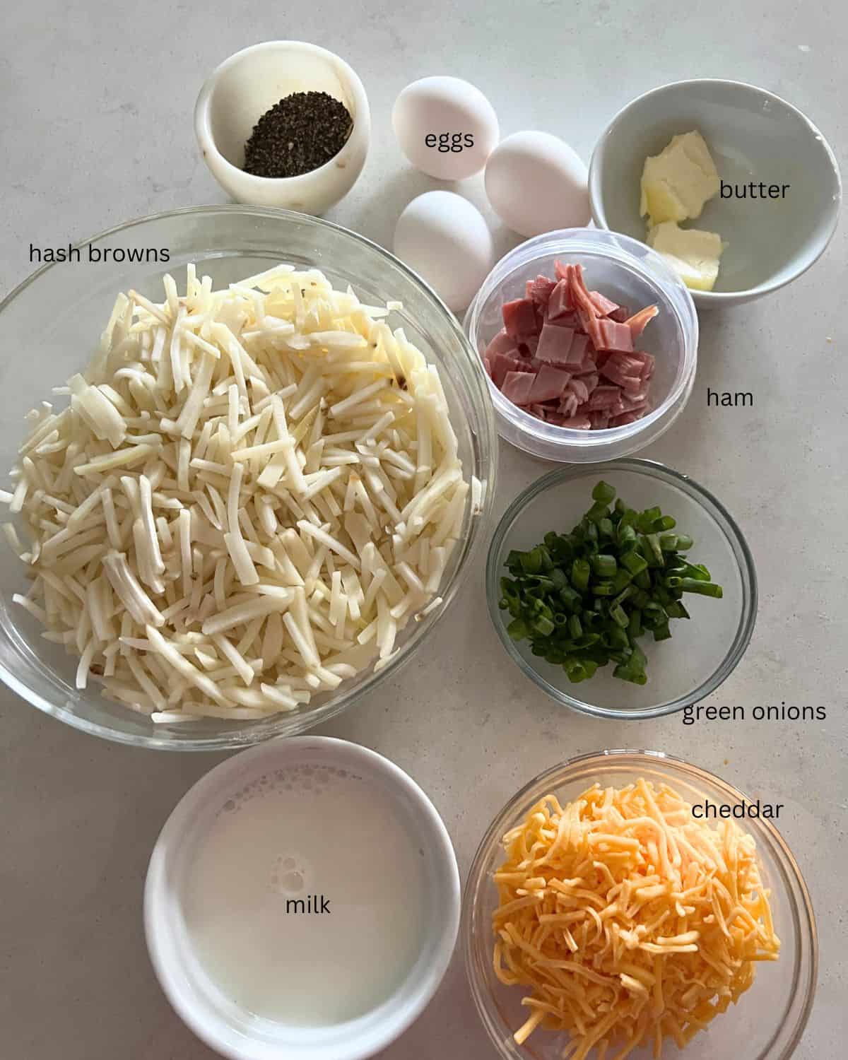 Ingredients needed for hash brown quiche.