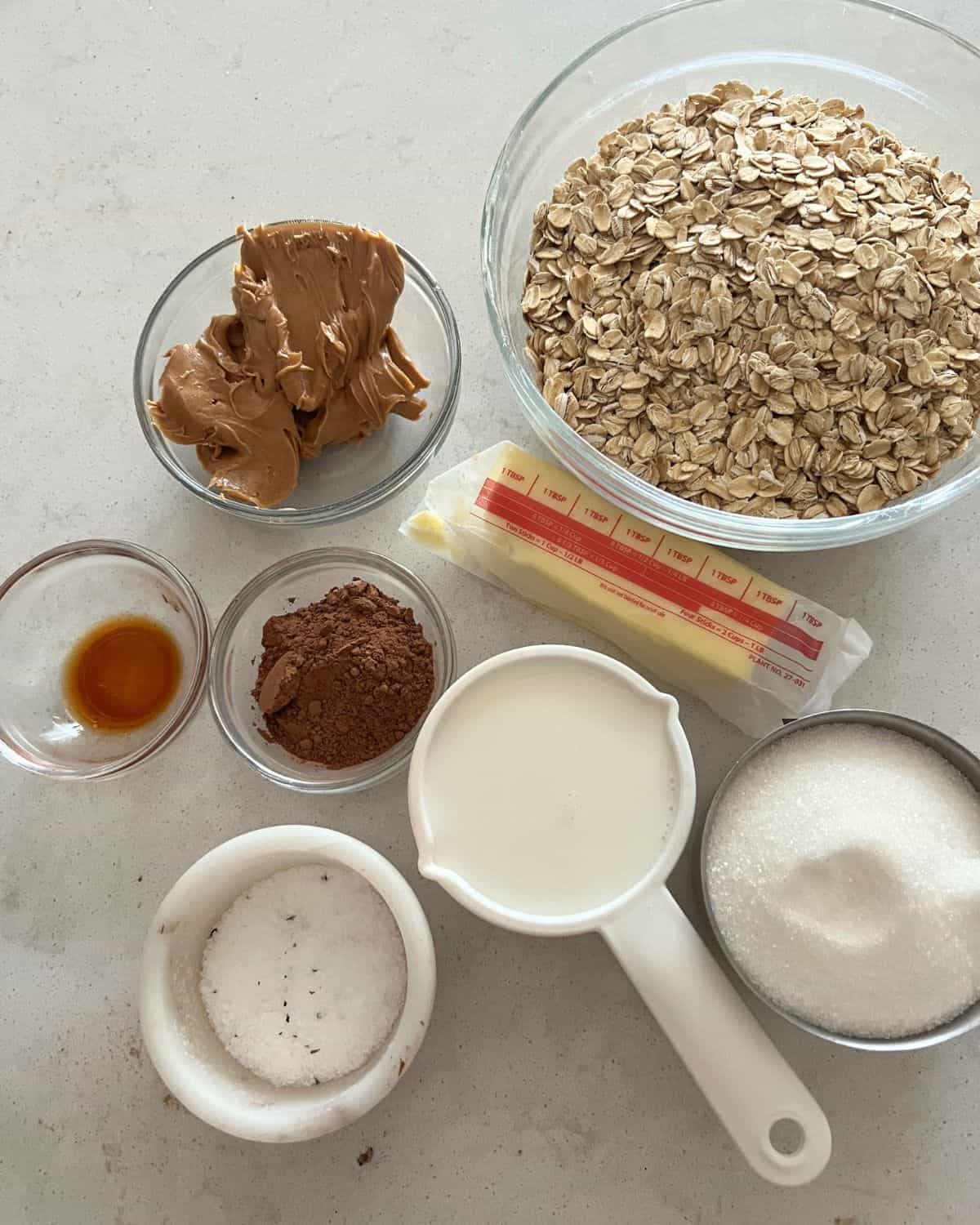 Ingredients needed for no bake chocolate cookies. 