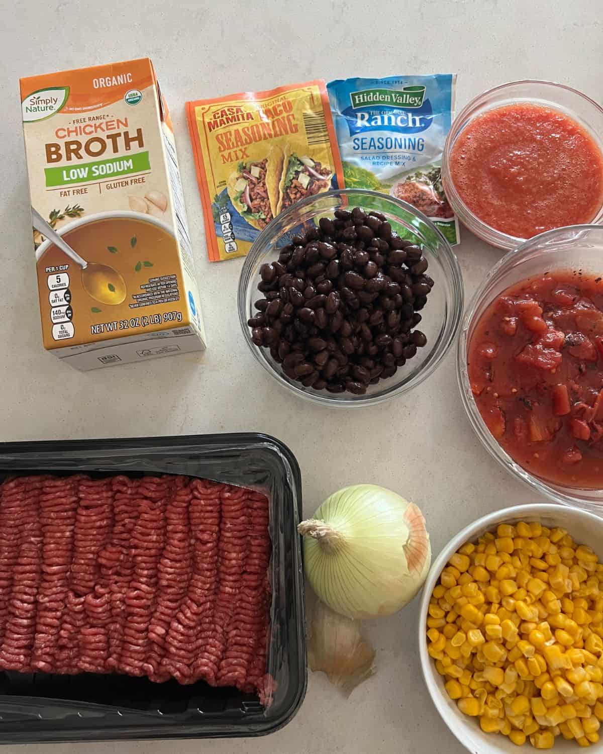 Ingredients needed for slow cooker taco soup. 