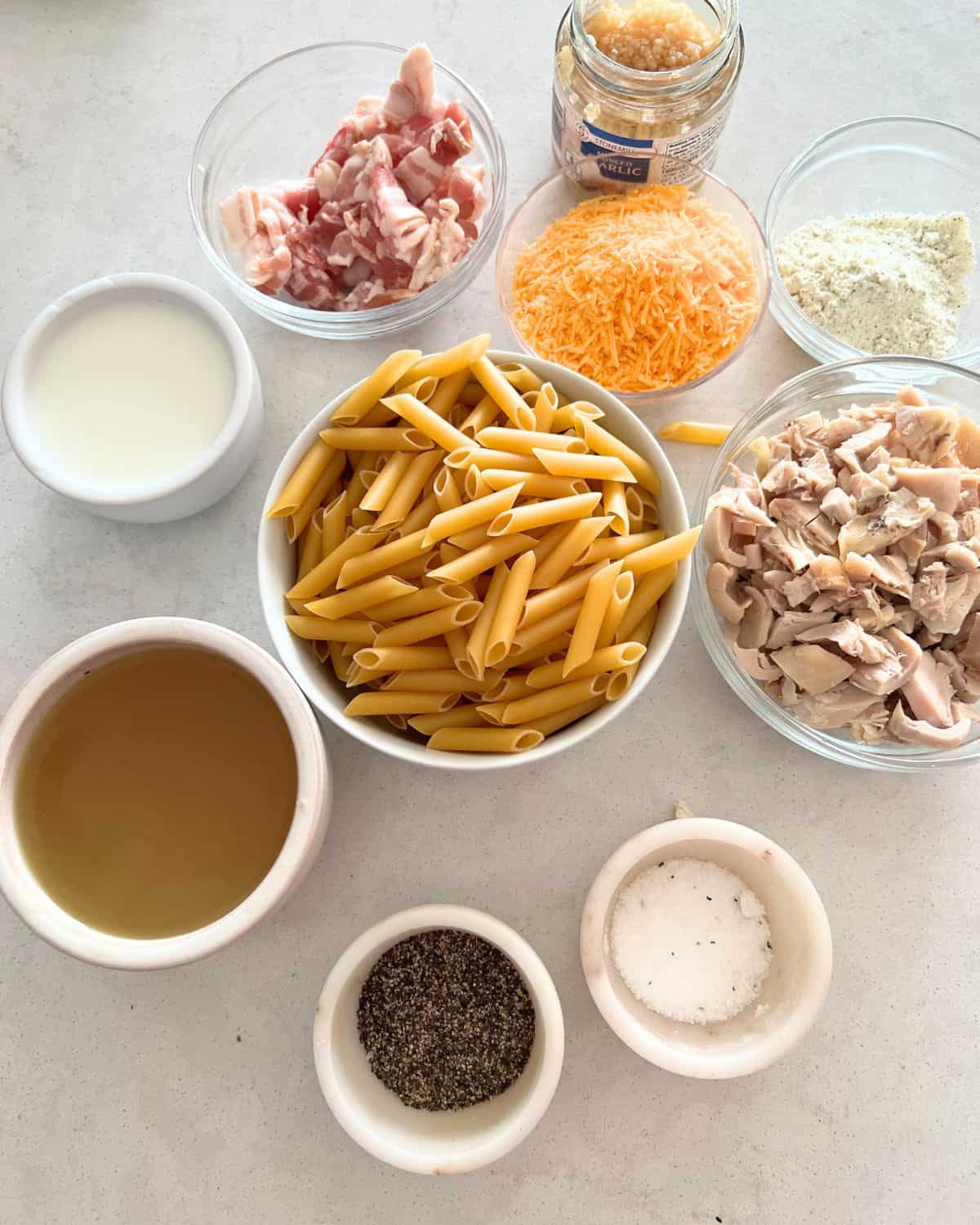 Ingredients needed for chicken ranch pasta. 
