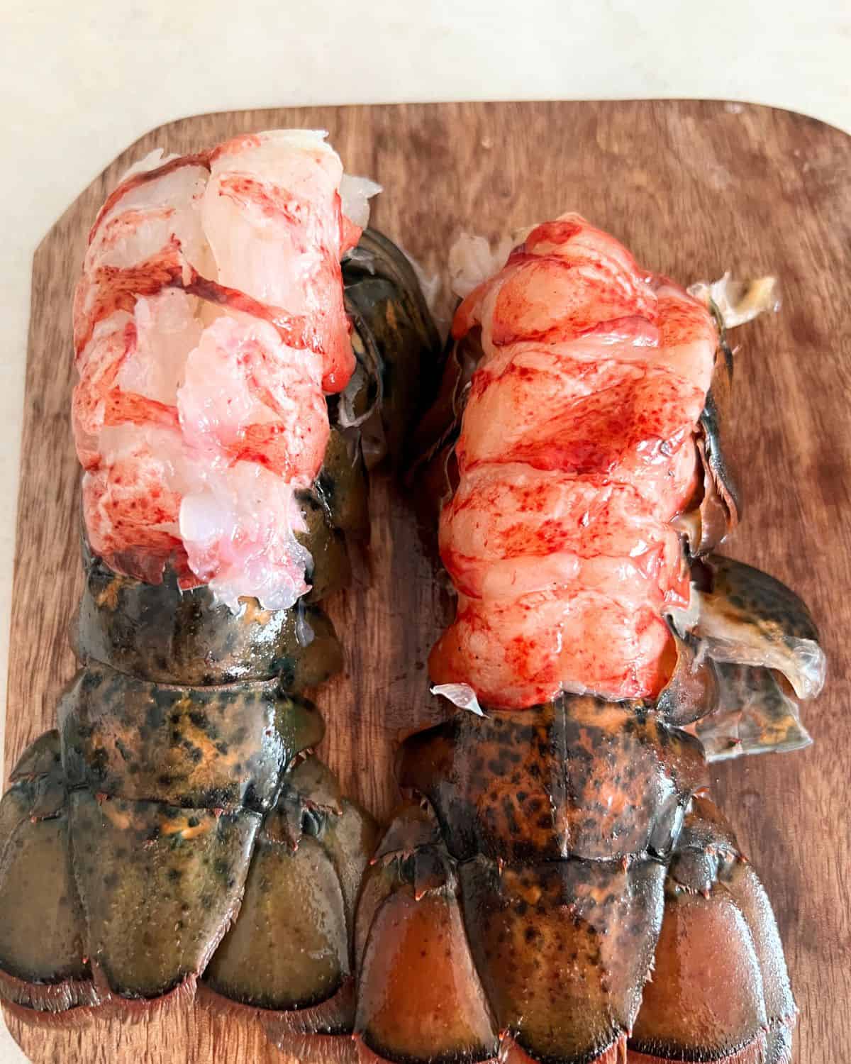 Prepared lobster tails with top skin removed. 