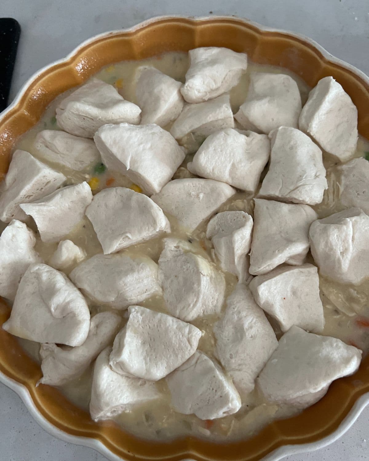 Cut up biscuits on top of chicken and gravy mix. 