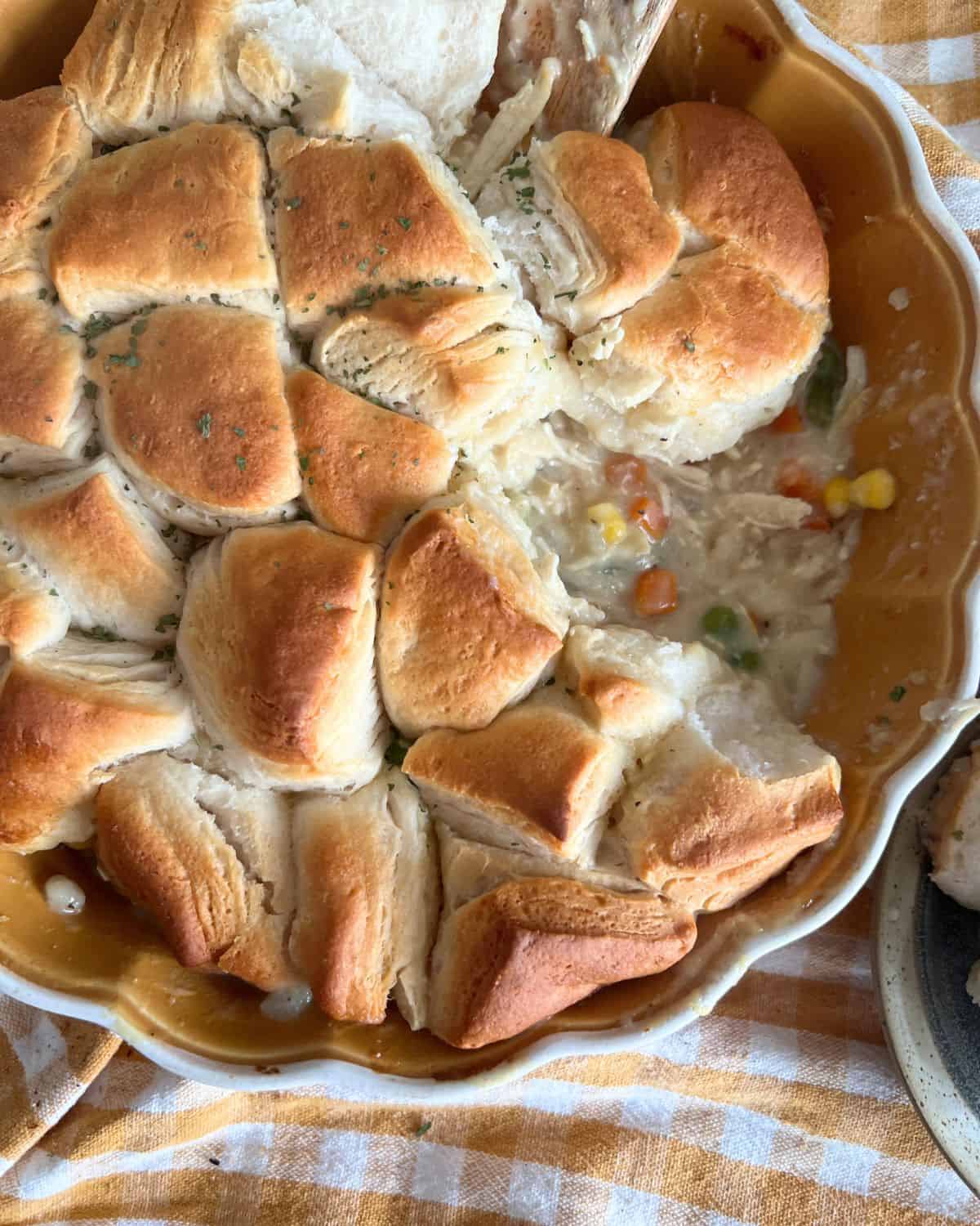 Finished Bubble Up Chicken pot pie in a baking dish. 