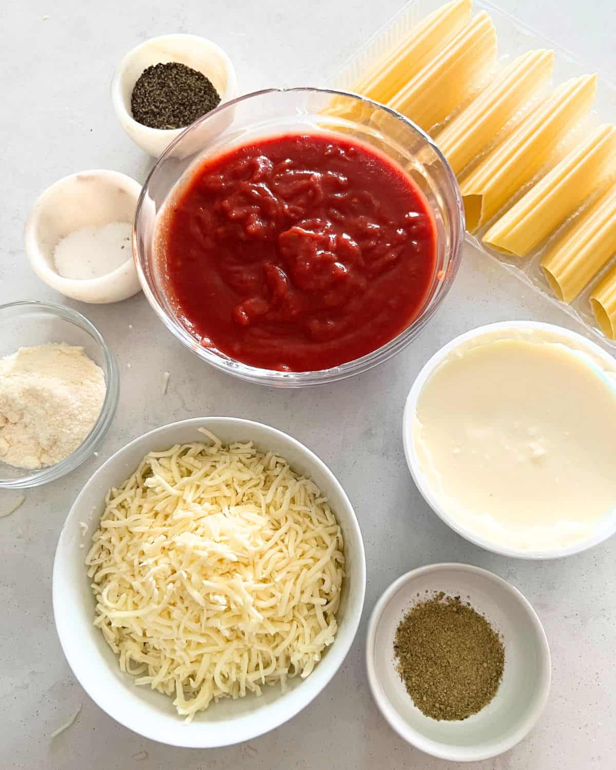 Ingredients needed for cheese manicotti. 