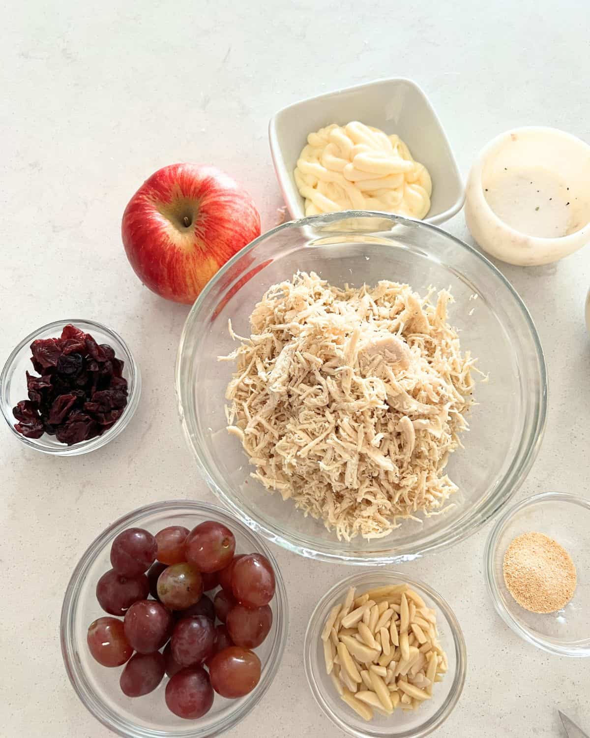 Ingredients needed for chicken salad with grapes. 